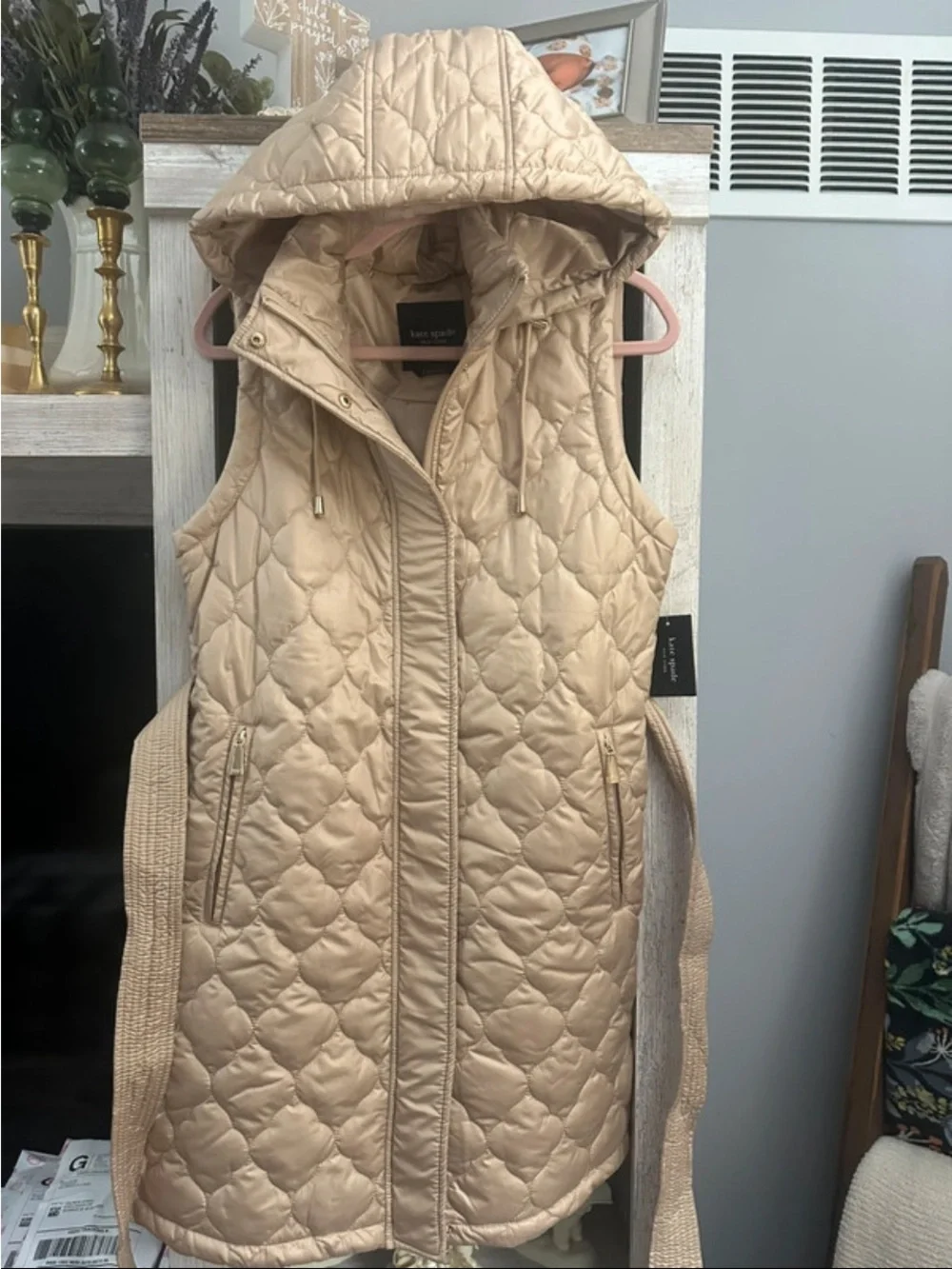 kate spade Quilted Satin Vest in Taupe with Gold Hardware